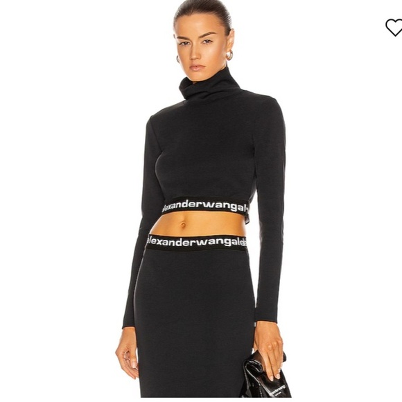 Alexander Wang Logo Elastic Cropped Mock Neck Top Long Sleeve Black - Picture 13 of 15